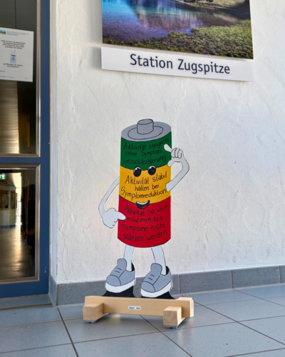 Das Modell Albert Akki als Energiemodell vor der Station Zugspitze der Rheuma-Kinderklinik Modell Albert Akki als Energiemodell vor der Station Zugspitze der Rheuma-Kinderklinik